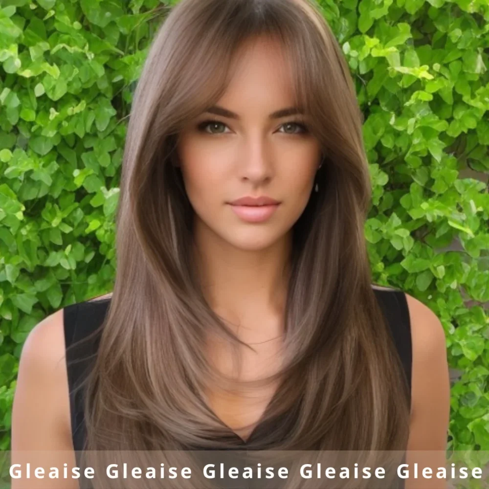 Long Layered Brown Wig With Bangs, Blonde Highlights, Brunette Hair Color, Everyday Wear Fringe Wig, Synthetic Heat Safe